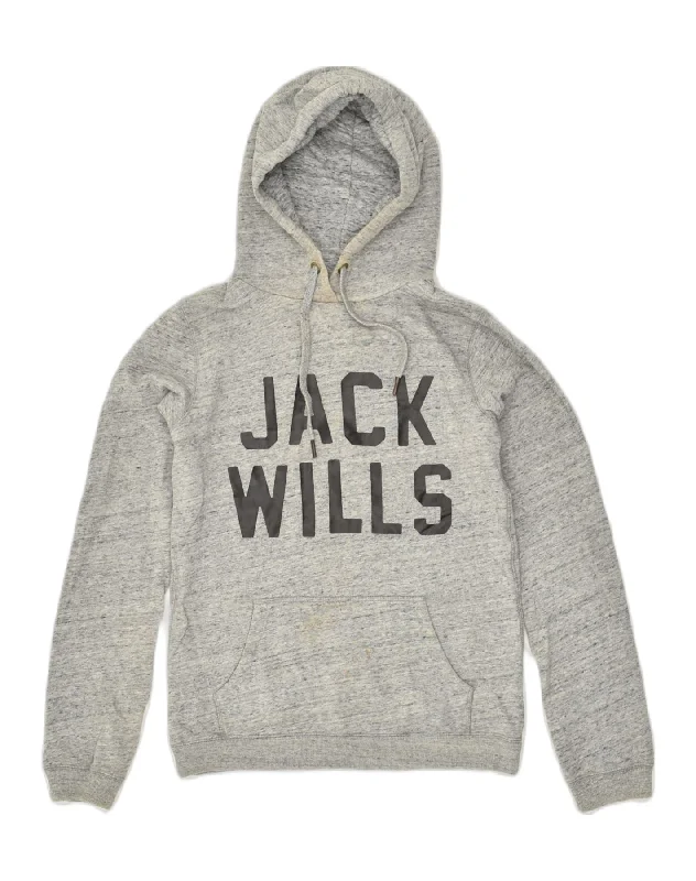 JACK WILLS Womens Graphic Hoodie Jumper UK 8 Small  Grey Cotton Hoodie with Drop Shoulder Relaxed Streetwear