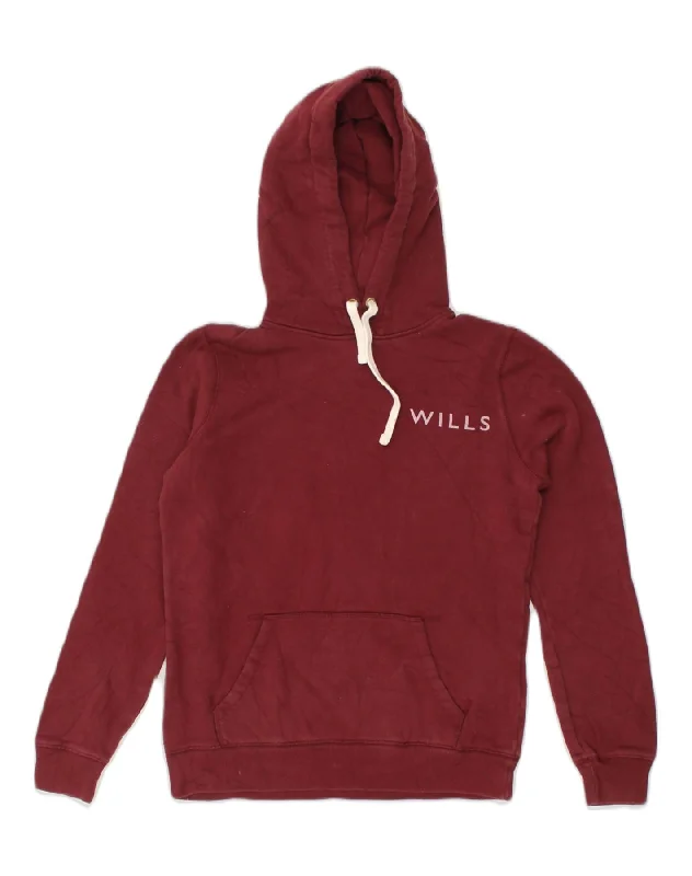 JACK WILLS Womens Graphic Hoodie Jumper UK 8 Small Maroon Cotton Hoodie with Fur Luxurious Winter