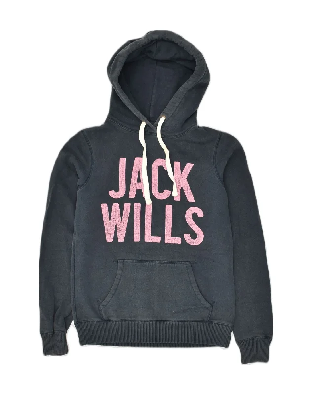 JACK WILLS Womens Graphic Hoodie Jumper UK 8 Small  Navy Blue Cotton Hoodie with Pastel Soft Subtle