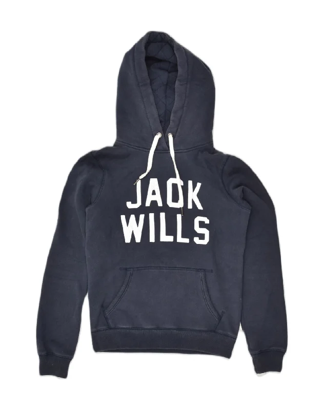 JACK WILLS Womens Graphic Hoodie Jumper UK 8 Small Navy Blue Cotton Hoodie with Magnetic Closure Innovative Modern