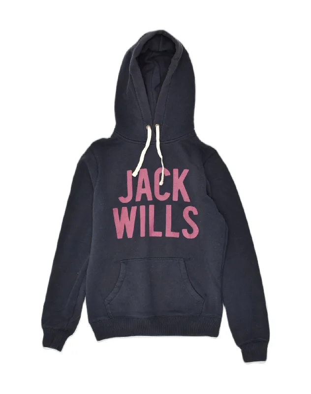 JACK WILLS Womens Graphic Hoodie Jumper UK 8 Small Navy Blue Cotton Hoodie with Contrast Stitching Detailed Premium JACK WILLS Womens Graphic Hoodie Jumper UK 8 Small Navy Blue Cotton Hoodie with Contrast Stitching Detailed Premium