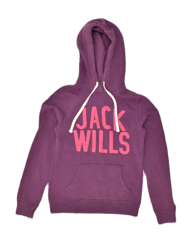 JACK WILLS Womens Graphic Hoodie Jumper UK 8 Small Purple Cotton Hoodie with Embroidery Detailed Premium