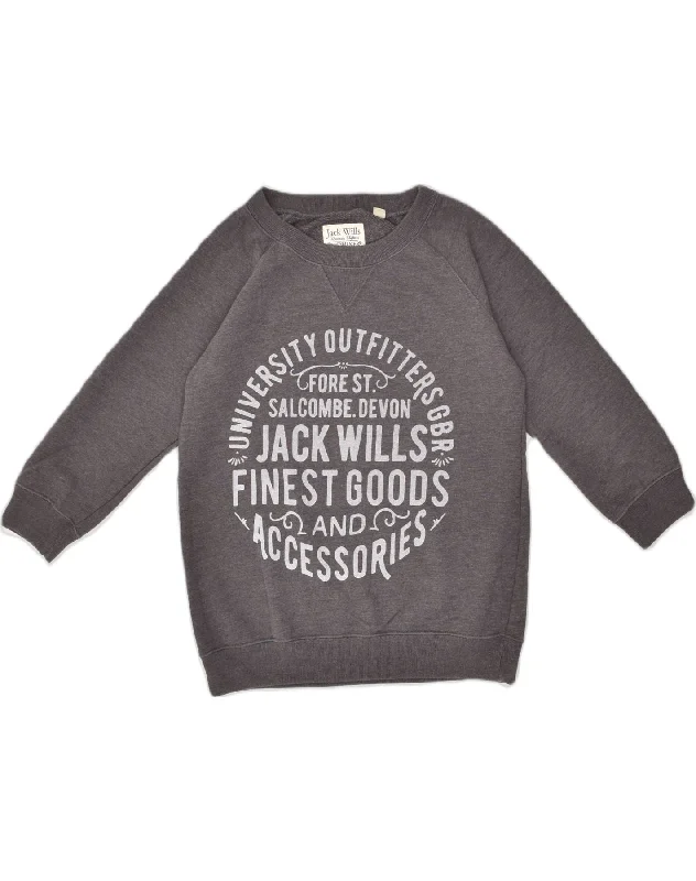 JACK WILLS Womens Graphic Sweatshirt Jumper UK 10 Small Grey Cotton Hoodie with Half-Zip Sporty Casual