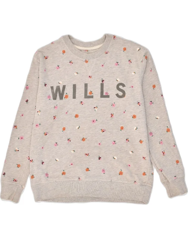JACK WILLS Womens Graphic Sweatshirt Jumper UK 10 Small Grey Floral Cotton Hoodie with Raglan Sleeves Sporty Comfortable JACK WILLS Womens Graphic Sweatshirt Jumper UK 10 Small Grey Floral Cotton Hoodie with Raglan Sleeves Sporty Comfortable