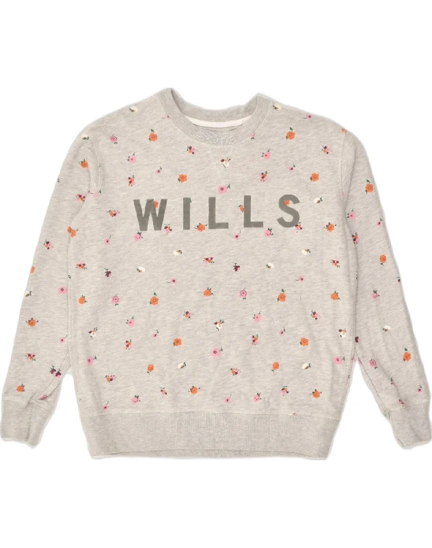 JACK WILLS Womens Graphic Sweatshirt Jumper UK 10 Small Grey Floral Cotton Hoodie with Exposed Zipper Edgy Industrial