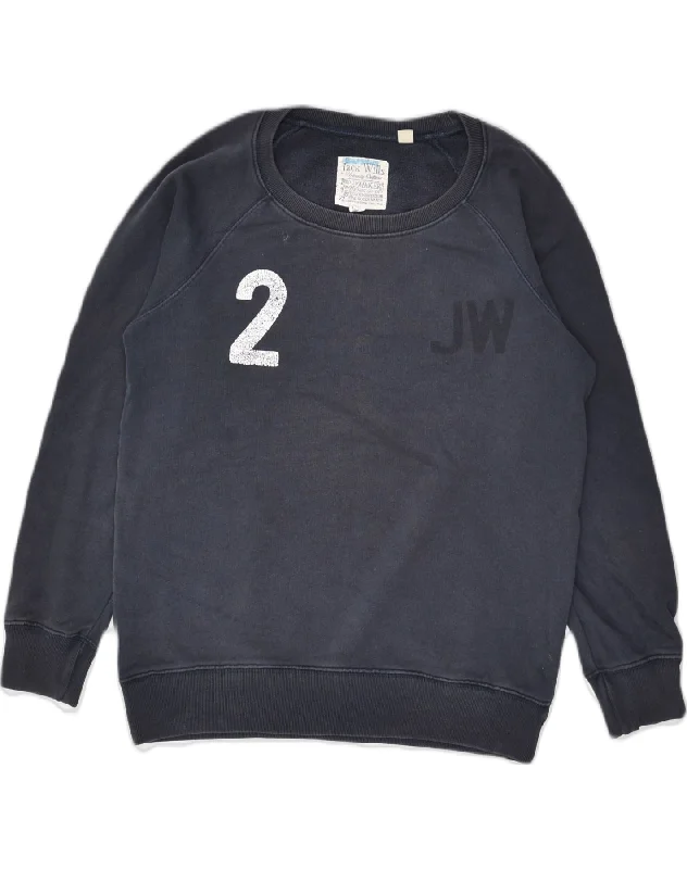 JACK WILLS Womens Graphic Sweatshirt Jumper UK 10 Small Navy Blue Cotton Hoodie with Print Artistic Unique