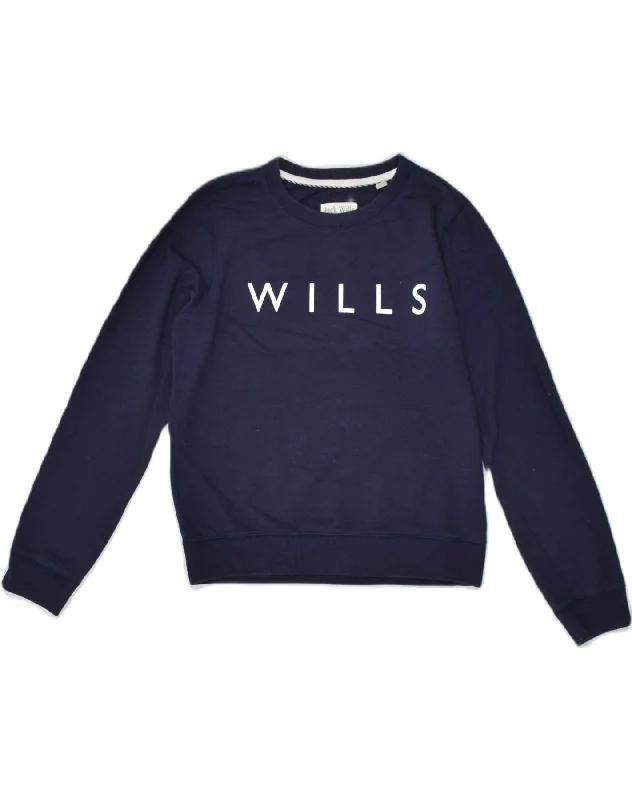 JACK WILLS Womens Graphic Sweatshirt Jumper UK 10 Small  Navy Blue Cotton Hoodie with Typography Text Message