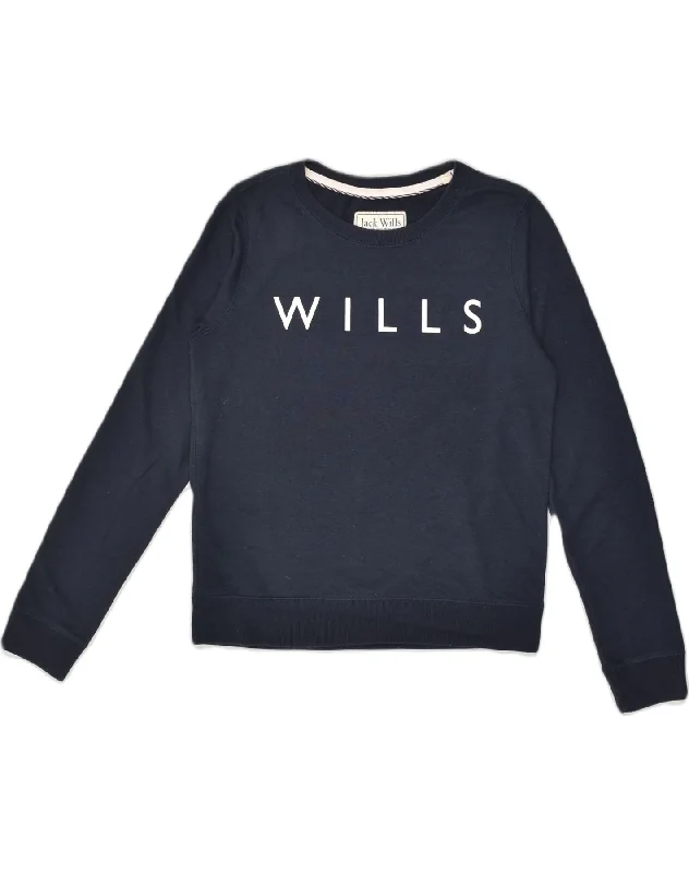 JACK WILLS Womens Graphic Sweatshirt Jumper UK 10 Small Navy Blue Cotton Hoodie with Thumb Holes Functional Cozy