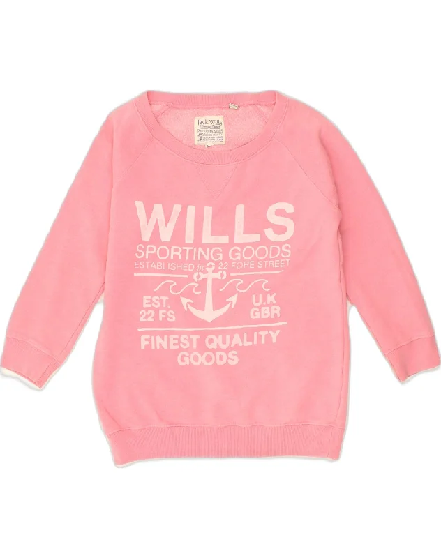 JACK WILLS Womens Graphic Sweatshirt Jumper UK 10 Small Pink Cotton Hoodie with Mock Neck Collared Structured JACK WILLS Womens Graphic Sweatshirt Jumper UK 10 Small Pink Cotton Hoodie with Mock Neck Collared Structured