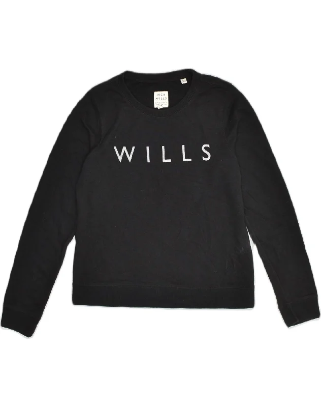 JACK WILLS Womens Graphic Sweatshirt Jumper UK 12 Medium  Black Cotton Hoodie with Ribbed Neckline Snug Warm