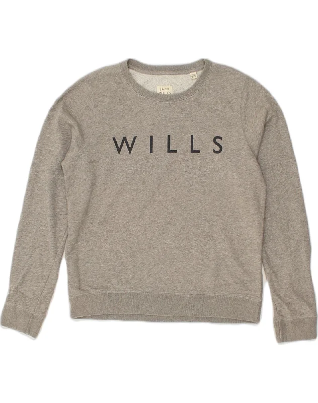 JACK WILLS Womens Graphic Sweatshirt Jumper UK 12 Medium Grey Cotton Hoodie with Half-Zip Sporty Casual