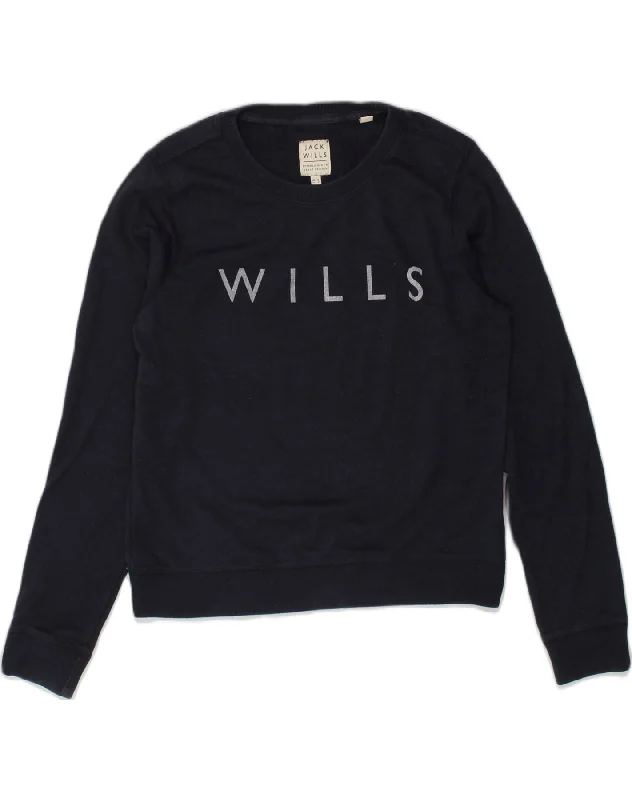 JACK WILLS Womens Graphic Sweatshirt Jumper UK 12 Medium  Navy Blue Cotton Hoodie with Distressed Vintage Worn