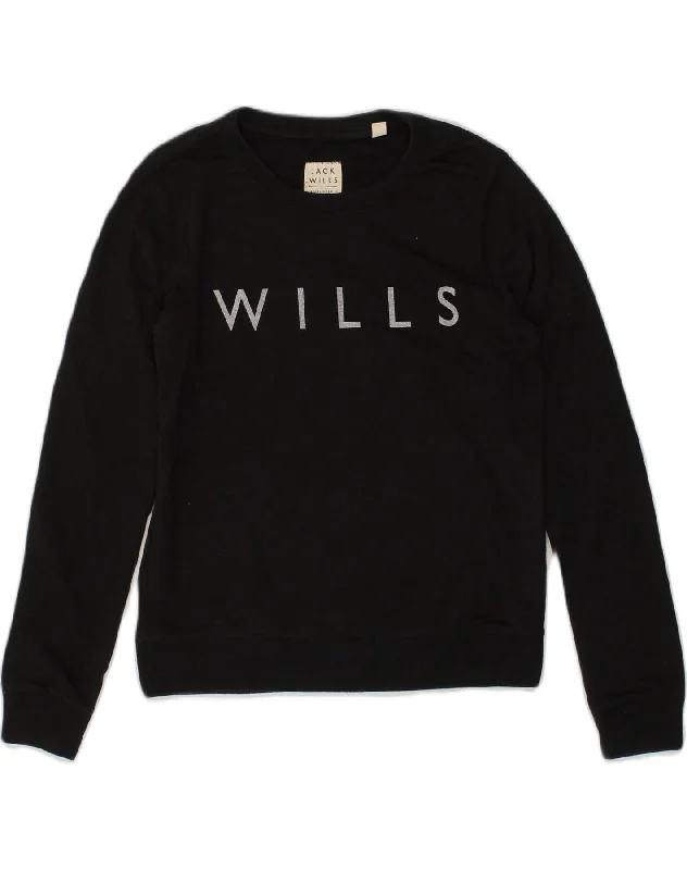 JACK WILLS Womens Graphic Sweatshirt Jumper UK 8 Small  Black Cotton Hoodie with Oversized Fit Loose Comfortable