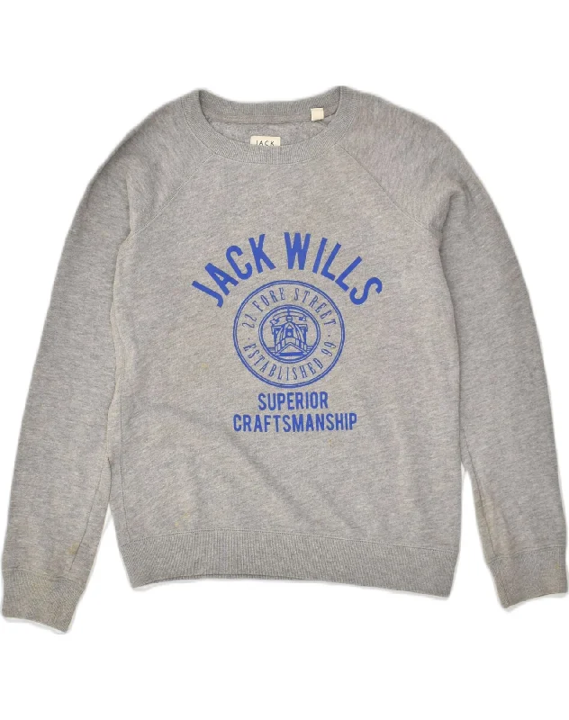 JACK WILLS Womens Graphic Sweatshirt Jumper UK 8 Small  Grey Cotton Hoodie with Tied Waist Feminine Flattering