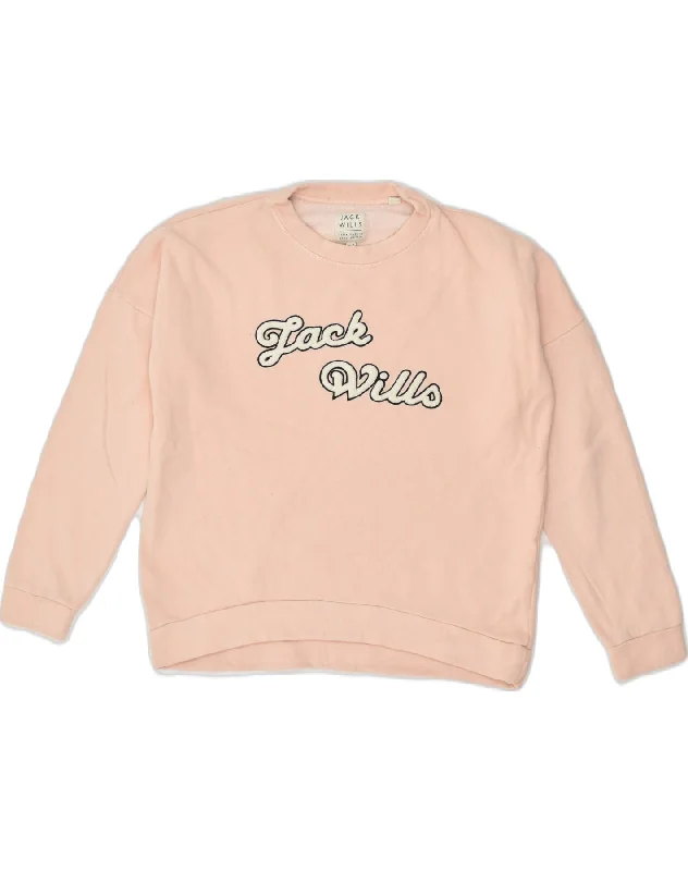 JACK WILLS Womens Graphic Sweatshirt Jumper UK 8 Small  Pink Cotton Hoodie with Drawcord Adjustable Secure