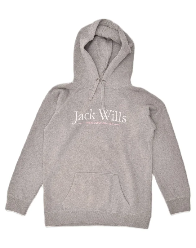 JACK WILLS Womens Loose Fit Graphic Hoodie Jumper UK 10 Small Grey Cotton Hoodie with Exposed Zipper Edgy Industrial