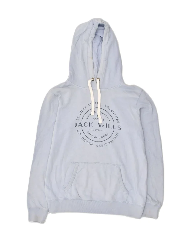 JACK WILLS Womens Loose Fit Graphic Hoodie Jumper UK 12 Medium Blue Cotton Hoodie with Mock Neck Collared Structured