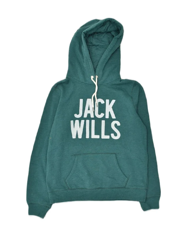 JACK WILLS Womens Loose Fit Graphic Hoodie Jumper UK 14 Large Green Cotton Hoodie with Full-Zip Functional Layering