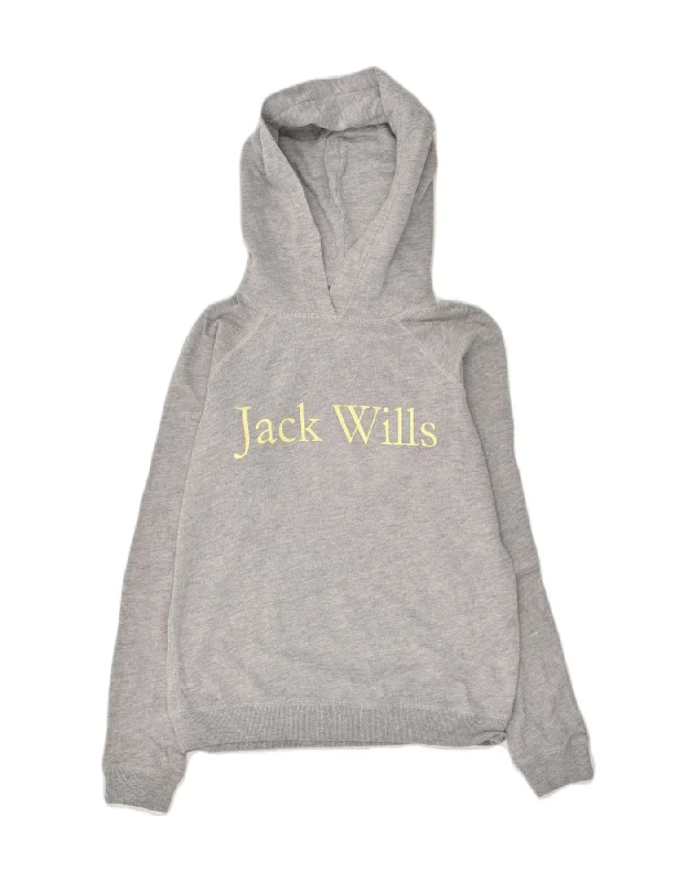 JACK WILLS Womens Loose Fit Graphic Hoodie Jumper UK 6 XS Grey Cotton Hoodie with Emblem Brand Identity