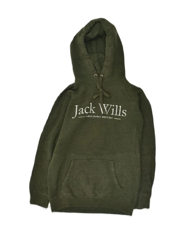 JACK WILLS Womens Loose Fit Graphic Hoodie Jumper UK 6 XS Khaki Cotton Hoodie with Hidden Zipper Minimalist Clean