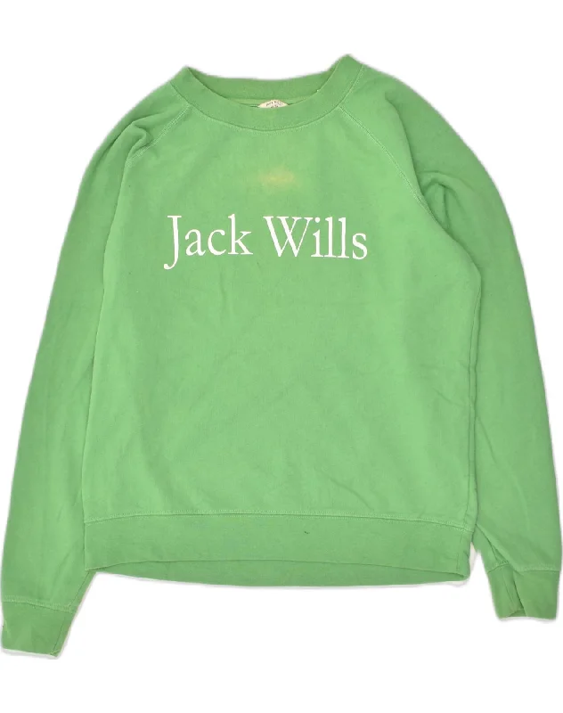 JACK WILLS Womens Loose Fit Graphic Sweatshirt Jumper UK 8 Small Green Hoodie with Illustration Artistic Creative