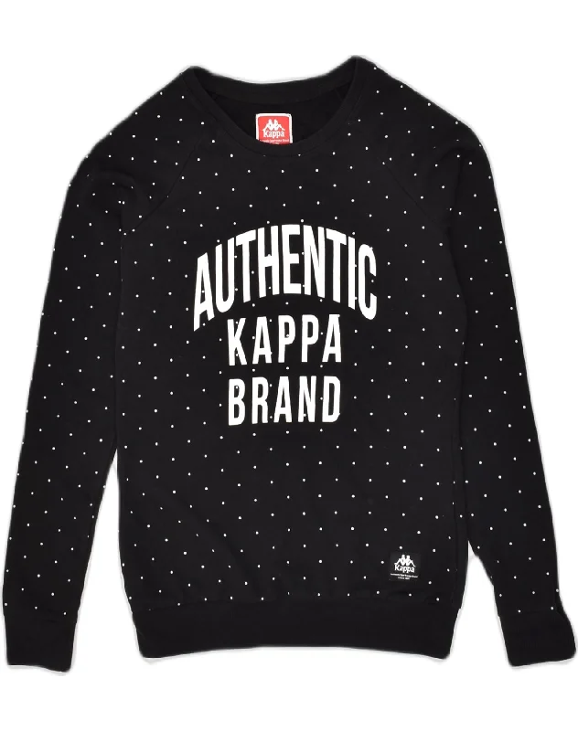 KAPPA Womens Graphic Sweatshirt Jumper UK 6 XS Black Spotted Cotton Hoodie with Hem Patch Decorative Personalized