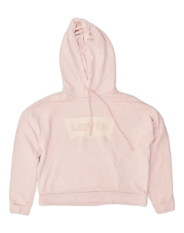 LEVI'S Womens Crop Graphic Hoodie Jumper UK 6 XS Pink Cotton Hoodie with Strings Custom Fit Adjustable