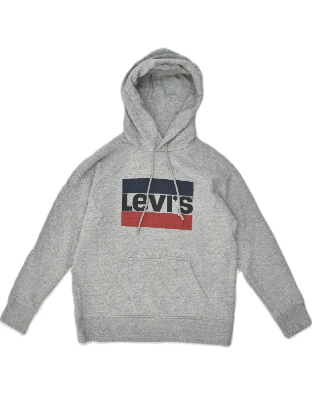 LEVI'S Womens Loose Fit Graphic Hoodie Jumper UK 10 Small Grey Cotton Hoodie with Hem Detail Decorative Unique