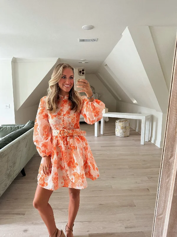 Match Maker Mini Dress - Orange Bouquet Elegant Satin Lace Mini Dress