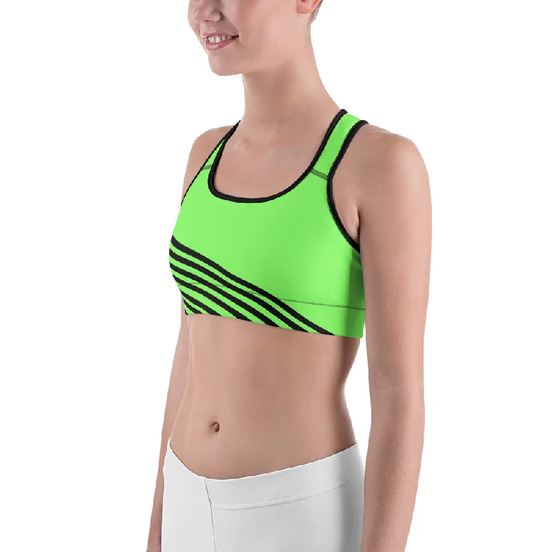 Neon Green Striped Sports Bra, Black Diagonal Stripe Print Fitness Bra - Made in USA/EU Soft Lace Bra Neon Green Striped Sports Bra, Black Diagonal Stripe Print Fitness Bra - Made in USA/EU Soft Lace Bra