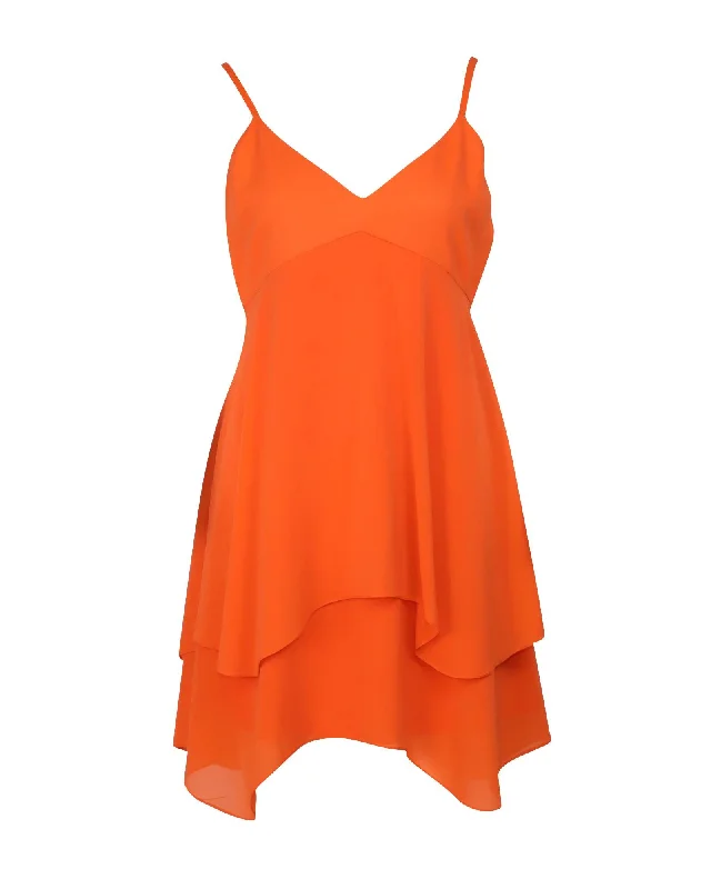 Alice + Olivia Tiered Mini Dress in Orange Silk Cozy Jersey Mini Dress