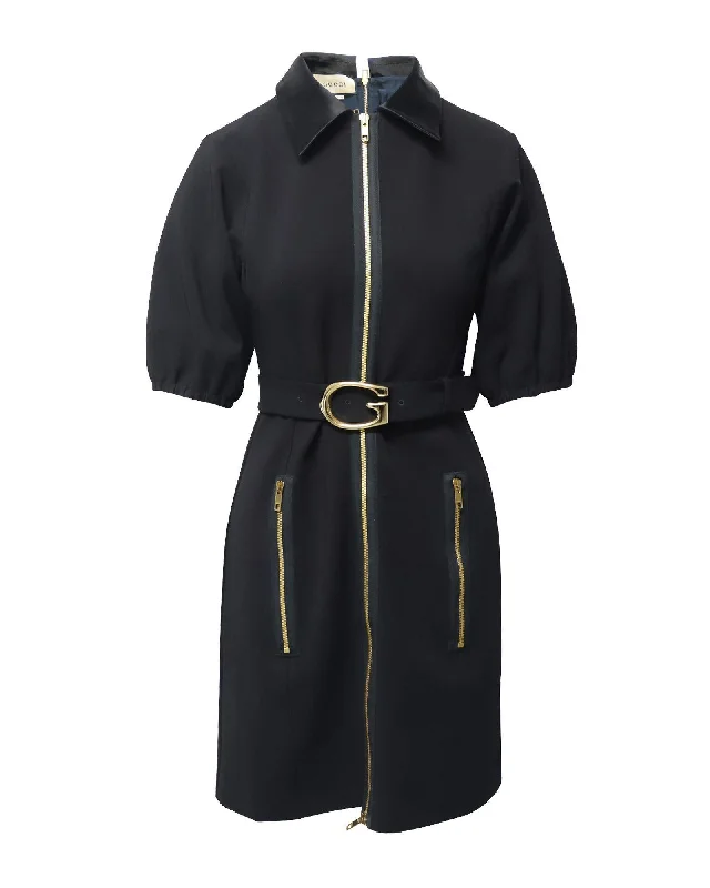 Black Viscose Jersey Mini Dress with G Buckle Belt Comfortable Fit-and-Flare Mini Dress Black Viscose Jersey Mini Dress with G Buckle Belt Comfortable Fit-and-Flare Mini Dress