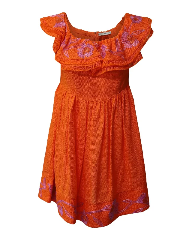 Embroidered Off Shoulder Mini Dress in Orange Elegant Mini Dress with Pleats