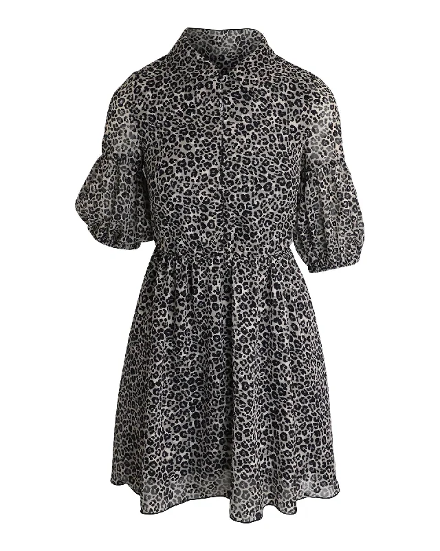 Animal Print Puff Sleeve Mini Dress Comfortable Linen Mini Dress