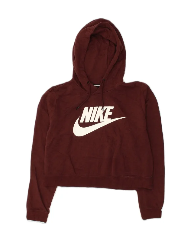 NIKE Womens Crop Graphic Hoodie Jumper UK 14 Large Brown Cotton Hoodie with Color Block Contrast Stylish