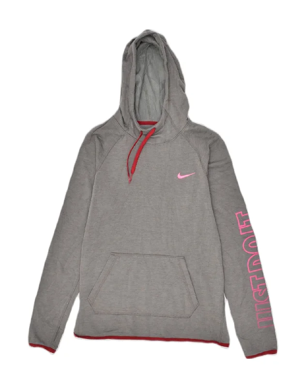 NIKE Womens Dri Fit Graphic Hoodie Jumper UK 10 Small Grey Polyester Hoodie with Cuffed Sleeves Snug Secure