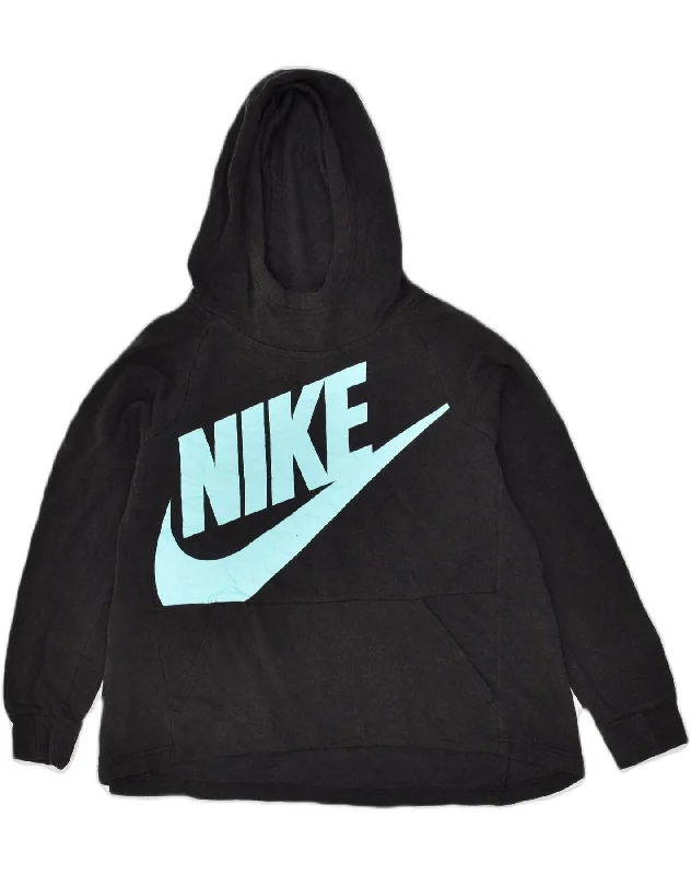 NIKE Womens Graphic Hoodie Jumper UK 14 Large Black Cotton Hoodie with Puffed Sleeves Voluminous Trendy