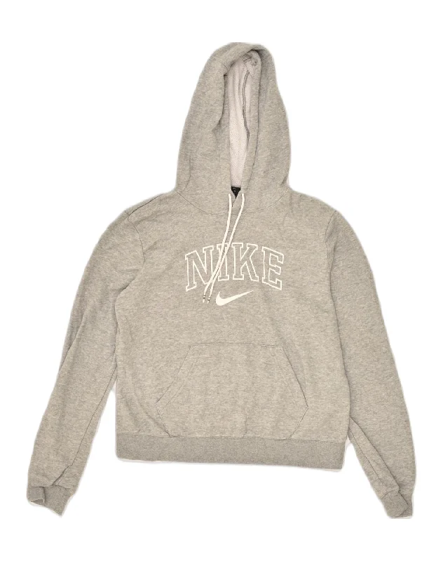 NIKE Womens Graphic Hoodie Jumper UK 14 Medium Grey Cotton Hoodie with Cropped Fit Short Trendy