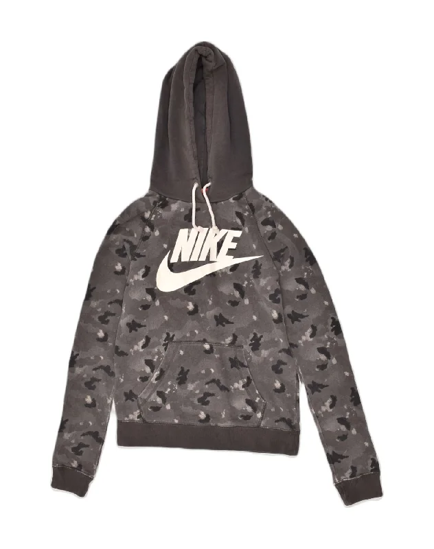 NIKE Womens Graphic Hoodie Jumper UK 6 XS Grey Camouflage Cotton Hooded Sweatshirt Casual Wear Street Style