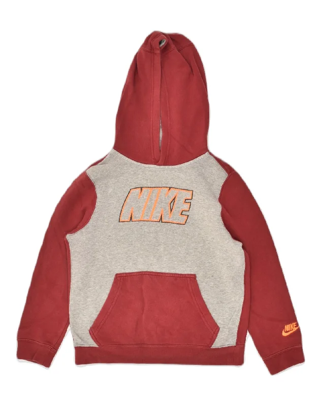 NIKE Womens Graphic Hoodie Jumper UK 8 Small Red Colourblock Cotton Hoodie with Thumb Holes Functional Cozy