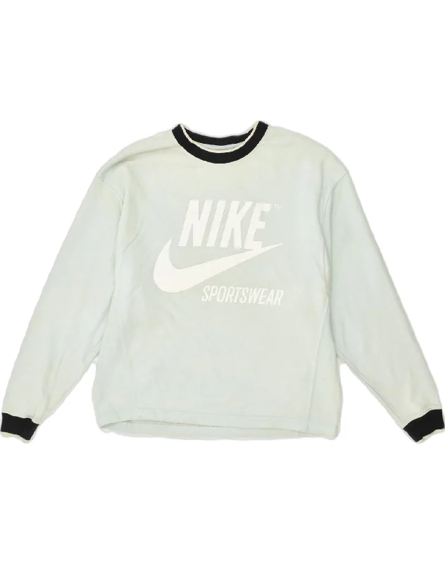 NIKE Womens Graphic Sweatshirt Jumper UK 10 Small Blue Cotton Hoodie with Hem Fringe Bohemian Relaxed NIKE Womens Graphic Sweatshirt Jumper UK 10 Small Blue Cotton Hoodie with Hem Fringe Bohemian Relaxed