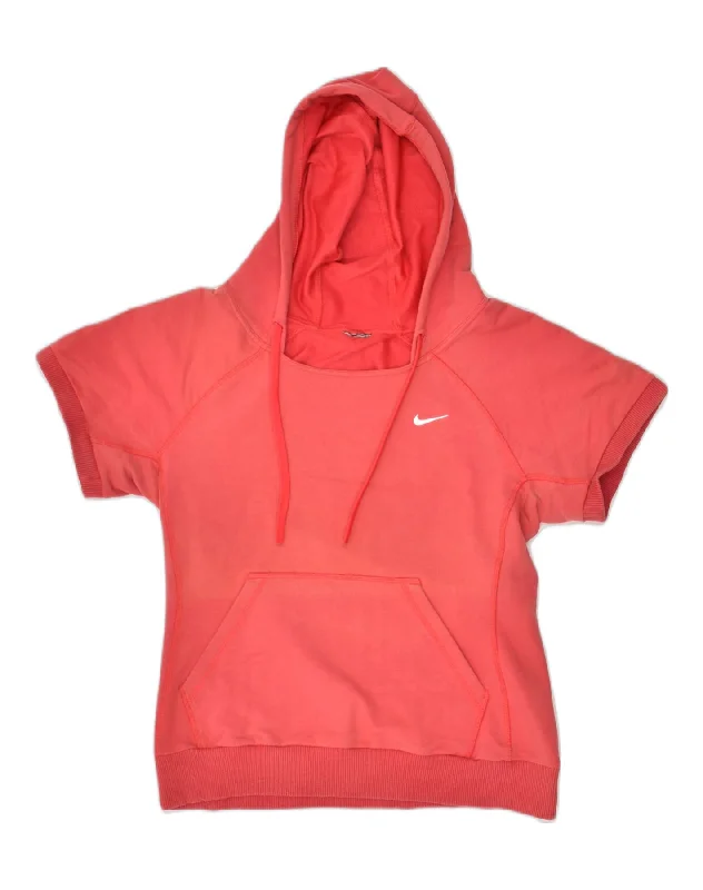 NIKE Womens Short Sleeve Hoodie Jumper UK 14 Medium Red Hoodie with Pocket Utility Practical