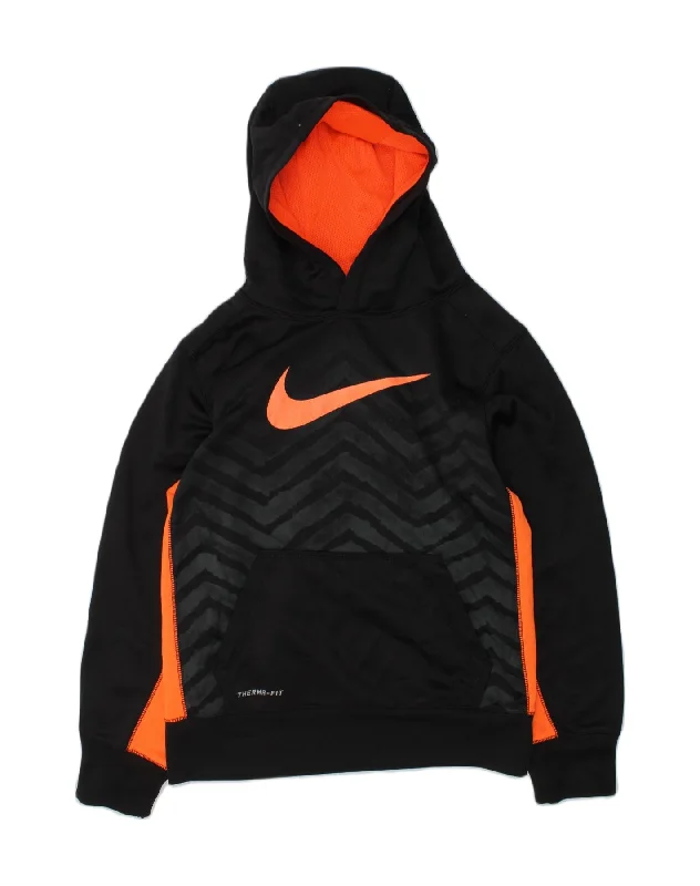 NIKE Womens Therma-Fit Graphic Hoodie Jumper UK 14 Medium Black Polyester Hoodie with Bell Sleeves Flared Feminine