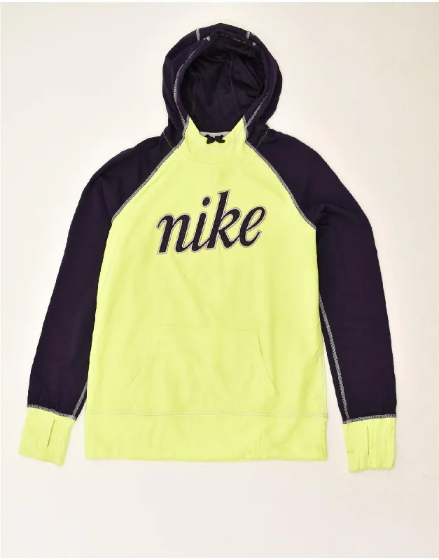 NIKE Womens Therma-Fit Graphic Hoodie Jumper UK 16 Large Yellow Hoodie with Cropped Fit Short Trendy NIKE Womens Therma-Fit Graphic Hoodie Jumper UK 16 Large Yellow Hoodie with Cropped Fit Short Trendy
