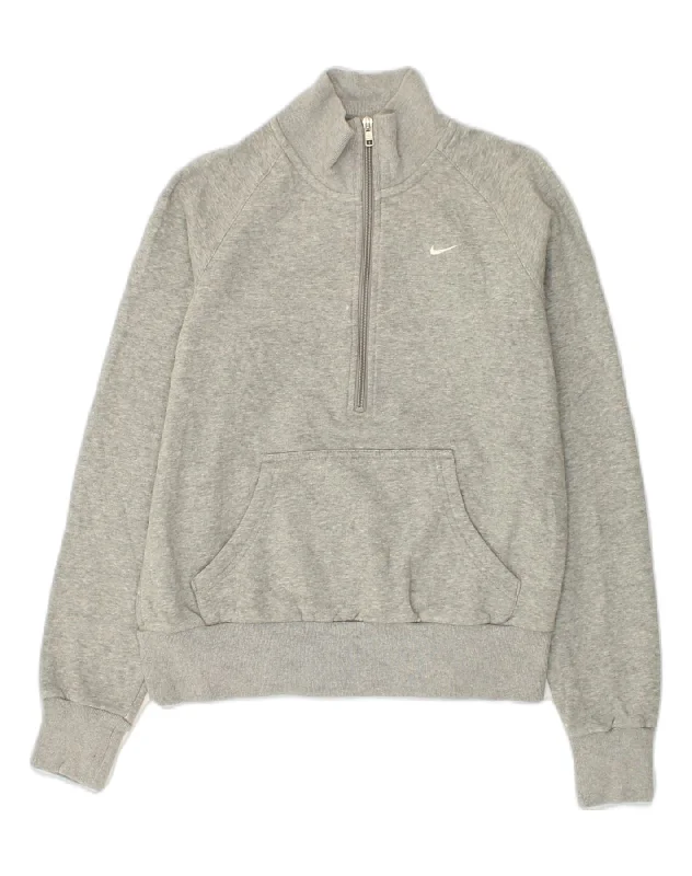 NIKE Womens Zip Neck Sweatshirt Jumper UK 14 Medium Grey Cotton Hoodie with Camouflage Military Edgy