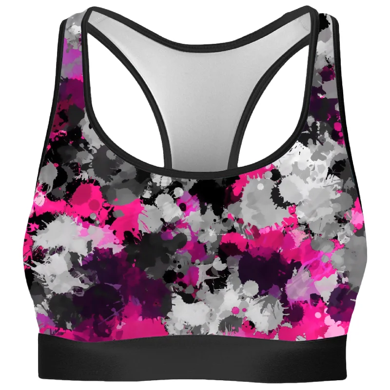 Pink and Grey Paint Splatter Rave Bra Lace Back Bra