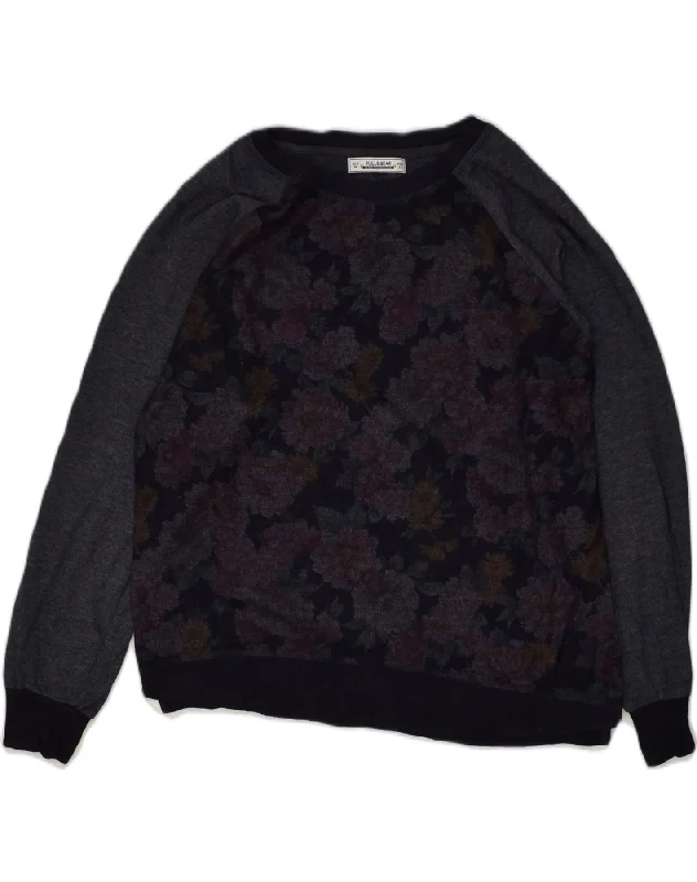 PULL & BEAR Womens Graphic Sweatshirt Jumper UK 14 Medium Navy Blue Floral Hoodie with Raglan Sleeves Sporty Comfortable PULL & BEAR Womens Graphic Sweatshirt Jumper UK 14 Medium Navy Blue Floral Hoodie with Raglan Sleeves Sporty Comfortable