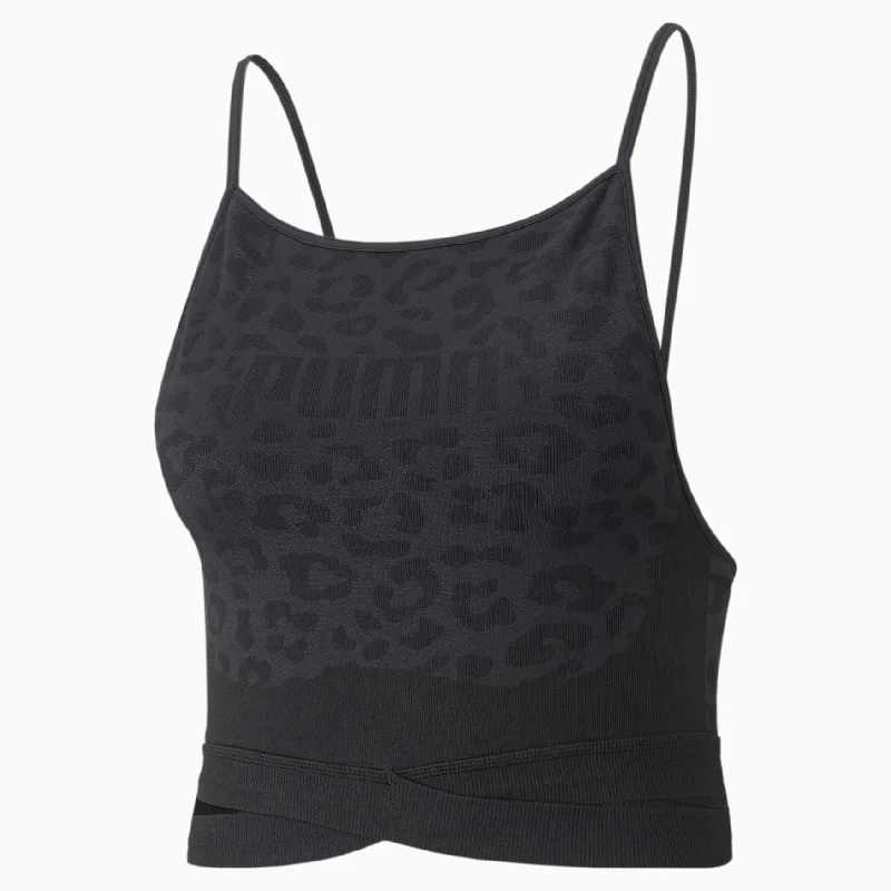 Puma Mid Impact FormKnit Seamless Fashion Sports Bra - Womens - Black/Leopard Print High Support Sports Bra