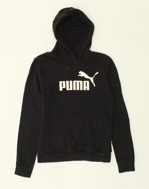 PUMA Womens Graphic Hoodie Jumper UK 10 Small Black Cotton Hoodie with Reflective Safety Nightwear