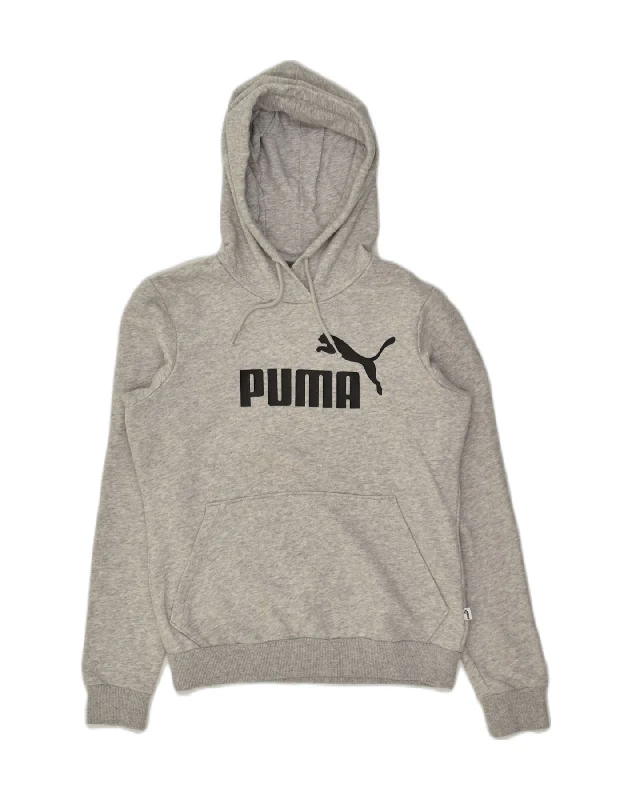 PUMA Womens Graphic Hoodie Jumper UK 10 Small Grey Polyester Hoodie with Hem Raw Edge Edgy Unfinished PUMA Womens Graphic Hoodie Jumper UK 10 Small Grey Polyester Hoodie with Hem Raw Edge Edgy Unfinished